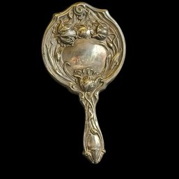 Art Nouveau Floral Hand Mirror Repousse Silver-Plate