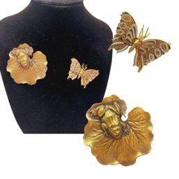 Vintage Spanish Damascene Butterfly And Joseff Hollywood Frog On Lilypad Brooches Pins