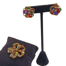 Vintage Hollycraft Multi-colored Rhinestone Pin And No Brand Flower Earrings