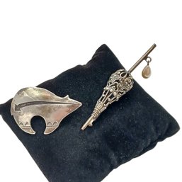 Native American Sterling Spirit Bear Pin/Pendant & Vtg. Parasol Pin