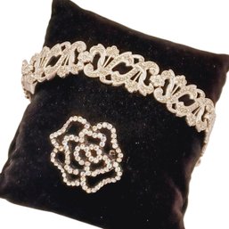 Sterling & Marcasite Link Bracelet,  Rose Rhinestone Pin