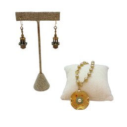 Victorian Or Gypsy Style Brass & Turquoise Earrings W/ Faux Pearl,  Goldtone  Turquoise Charm Bracelet