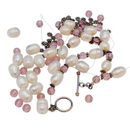 Baroque Pearl Purple Glass And Sterling Bead Necklace  - Broken