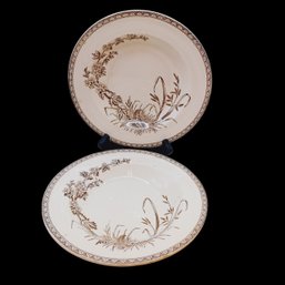 2 Antique T.G. & F.B. Hawthorn 8' Soup Bowls And Platter, Brown Transferware