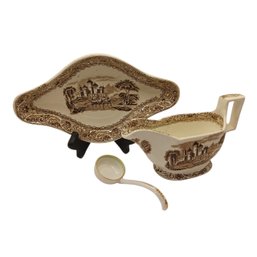 Antique Vintage Brown Transferware Gravy Boat, Underplate & Nippon Ladel