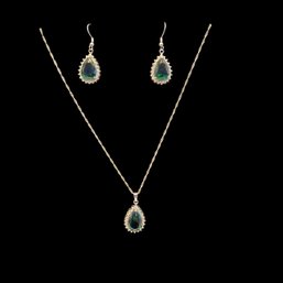 Faceted Green Stone And CZ Earrings And Necklace Pendant Set - Teardrop