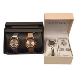 2 Gift Box Sets Of Watches: QRTZ & Ellen Tracy W/ Jewelry
