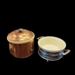 Copper Ice Bucket & Ceramic Casserole In Metal Server