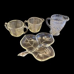Vintage Cut Glassware Anchor Hocking 2 Creamers & Sugar Bowl  And Hazel-Atlas 3-leaf Nut Dish