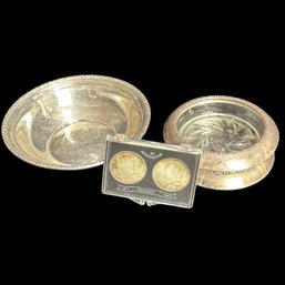 Sterling Bowl, Coasters And Two 1964 Kennedy Half Dollars