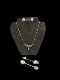 Sterling And Topaz Necklace Abalone Costume Earrings And Two Souvenir Spoons One  800 Silver