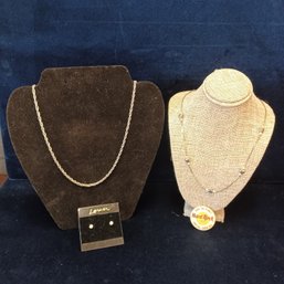 Silvertone Necklaces (2), Rhinestone Studs & Hard Rock Cafe Pin