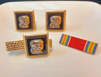 Neoclassical Cufflinks And Tie Clip Set, With A WWII Victory Ribbon Pin