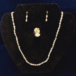 14k & Real Freshwater Pearl Necklace And Earrings,  W/ Faux Cameo Pin