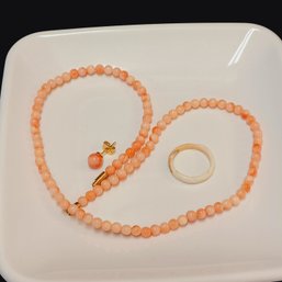 Faux Coral Necklace And Stud & Real Shell Ring (Sz7)