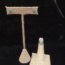 Sterling And Turquoise Ring (sz 2) And Studs