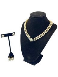 Faux Pearl Clip On Earrings And Necklace Suite