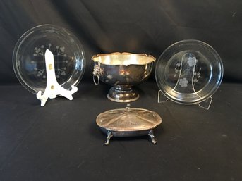 Floral Etched Pie Plates And Silverplate Pieces