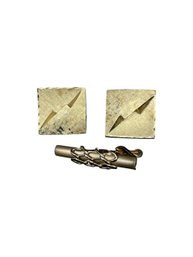 Gold Tone Cuff Links And Tie Clip
