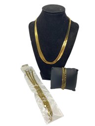 Gold Tone Flat Snake Chain Necklace And Chain Bracelets