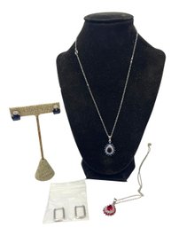 Red, Blue Gemstone And Silver Tone Necklace And Earrings