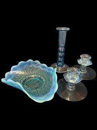 Jefferson Glass Blue Opalescent Trifold Bowl, And Blue Glass Candlesticks