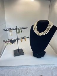 Gold Tone Earrings And Faux Pearl Necklace