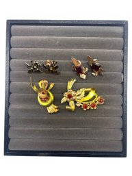 Harry Iskin Gold Filled Floral Pin, Gold Plated Sterling Silver Brooch And Costume Clip On Earrings