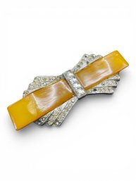 Antique Art Deco Silvertone And Amber Backlite Brooch