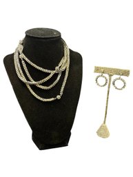 Rhinestone Tennis-style Necklace And Hoop Earrings