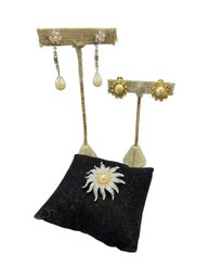 Faux Pearl Clip On Earrings And Brooch