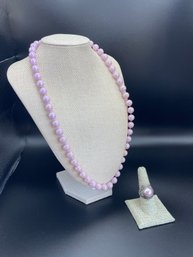 Sterling Silver And Pearl Ring With Pink Toned Beaded Necklace