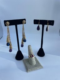 Gold Tone And Gemstone Drop Earrings, Purple Stone Ring