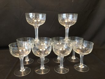 10 Vintage Etched Champagne Glasses