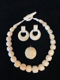 Crazy Bones Jewelry Necklace, Bone Earrings And Elephant Carving
