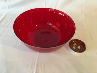 Ruby Red Glass Bowl And Small Floral Saucer
