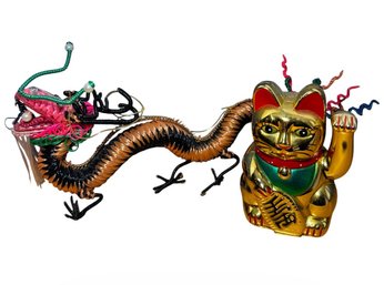 Chinese Dragon & Lucky Fortune Cat Figurines (B)