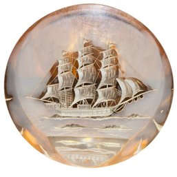 Round Lucite 3D Sailing Ship Paper Weight (BLR)