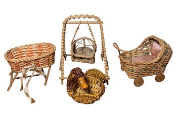 Small Woven Wicker Doll Furniture & Basket 4pc (B)