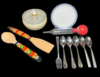 Glass Syringe Baster, Limoges Saucer, Wooden Utensils & Assorted Kitchenwares (BR2)