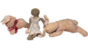 Old Stuffed Bunny Rabbits & Doll 3pc (B)