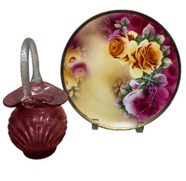 Antique Floral Gilded Plate & Pink Art Glass Basket (G)