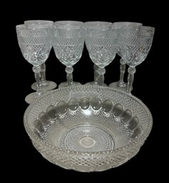 8 Crystal Wine Glasses And A Hobnail Pattern Serving Bowl