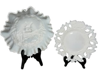 Victorian Milk Glass Americana Plate & Windmill Scene Bowl (DR)