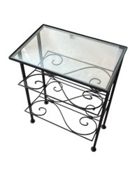Glass Top Ornate Iron Side Table (lr2)