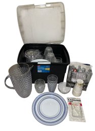 Plastic Hobnail Serving Pitcher, Cups, Bowls, Plates & Assorted Supplies (G)