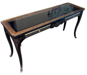 Drexel Heritage Chinoiserie Black Lacquer Beveled Smokey Glass Top Console Table(BR1)