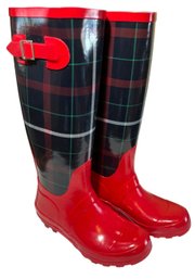Talbots Red Plaid Mid Calf Womens Rain Boots Size 7M Brand New In Box!