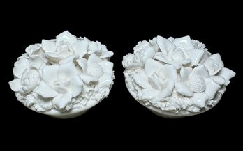 Pair Of Floral Rose Basket Candlestick Holders With Toppers (DR)