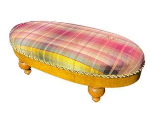 Pink Plaid Upholstered Wooden Foot Stool